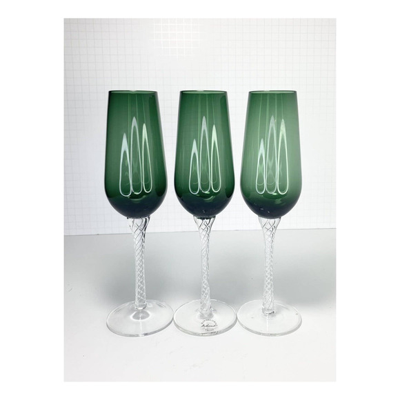 Artland GREEN BRAID, Set of 3 Fluted Champagne Glasses, 10” Handblown - Picture 1 of 3